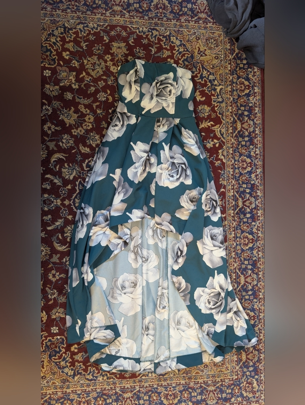 Teal Floral High-Low Strapless Dress with Gray White Roses